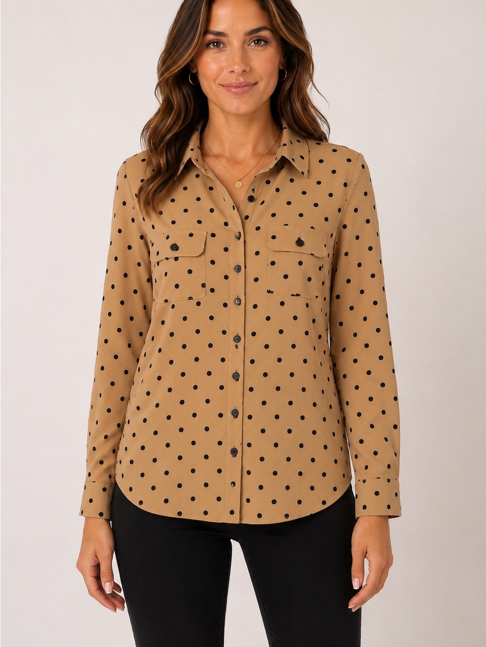 Kim Rogers Camel Polka Dot Button-Down Shirt black tan long sleeve Large top